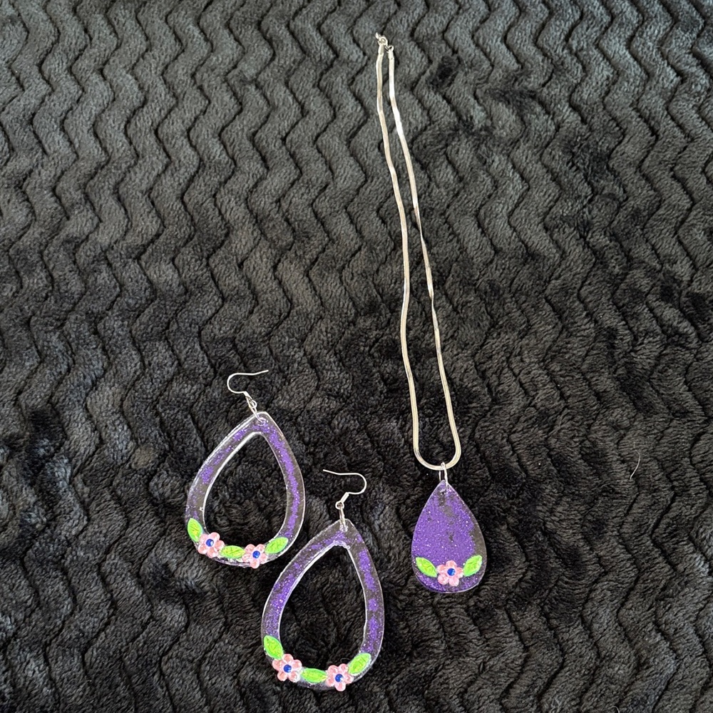 Purple Glitter resin Floral Jewelry Set